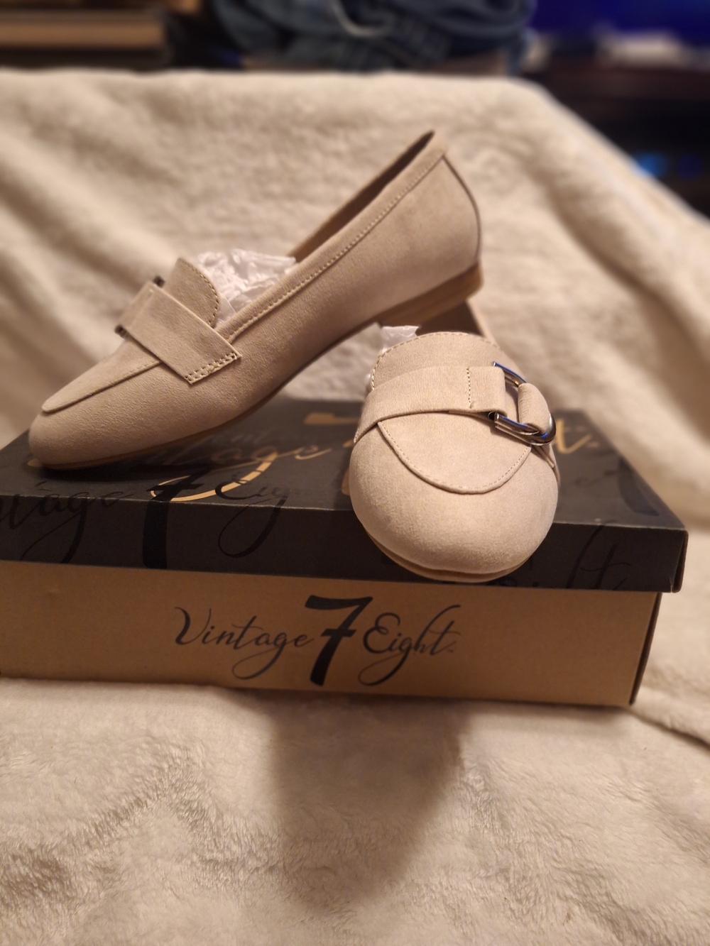 Vintage Beige Suede Loafers with Buckle Detail